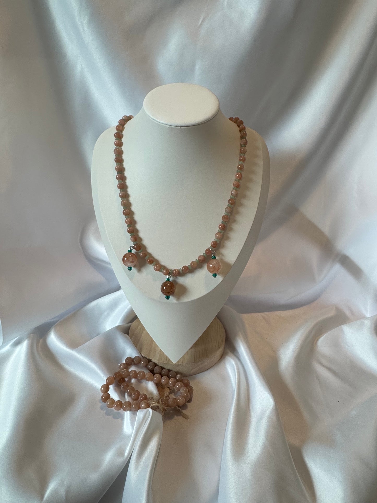Peach Moonstone with Sunstone Flash and Green Aventurine Rutilated Quartz Necklace