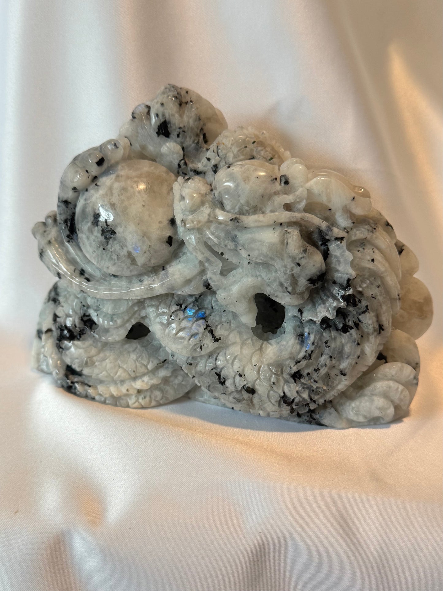 Rainbow Moonstone Hand Carved Dragon With Blue Flash