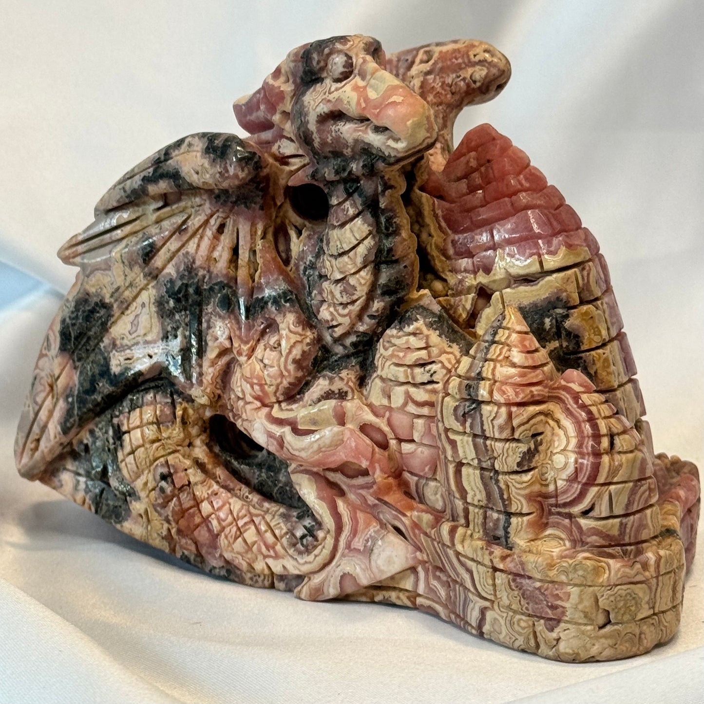Handcarved Rhodocrosite Dragon and Castle
