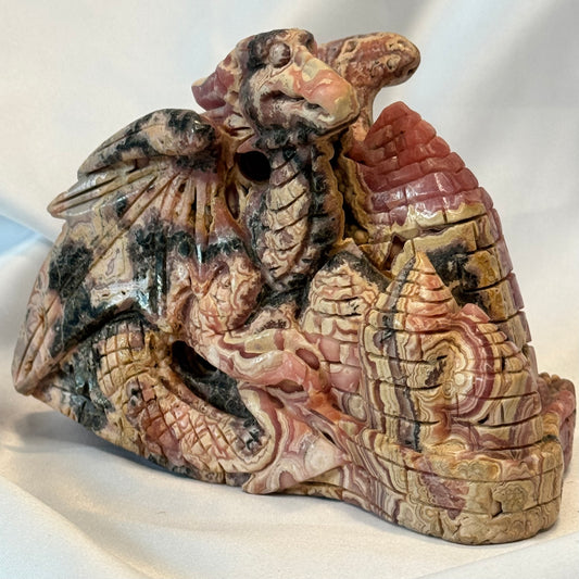 Handcarved Rhodocrosite Dragon and Castle