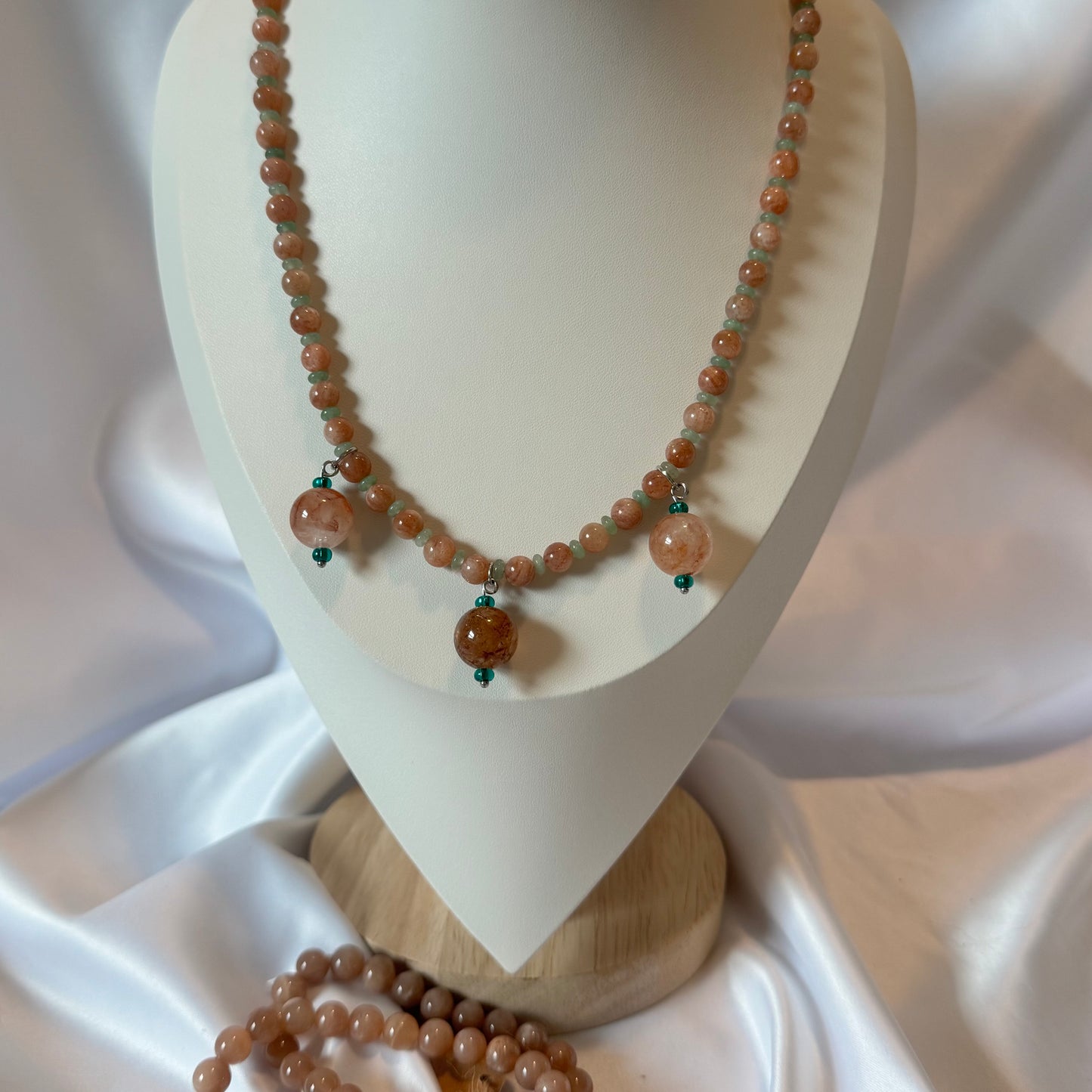 Peach Moonstone with Sunstone Flash and Green Aventurine Rutilated Quartz Necklace