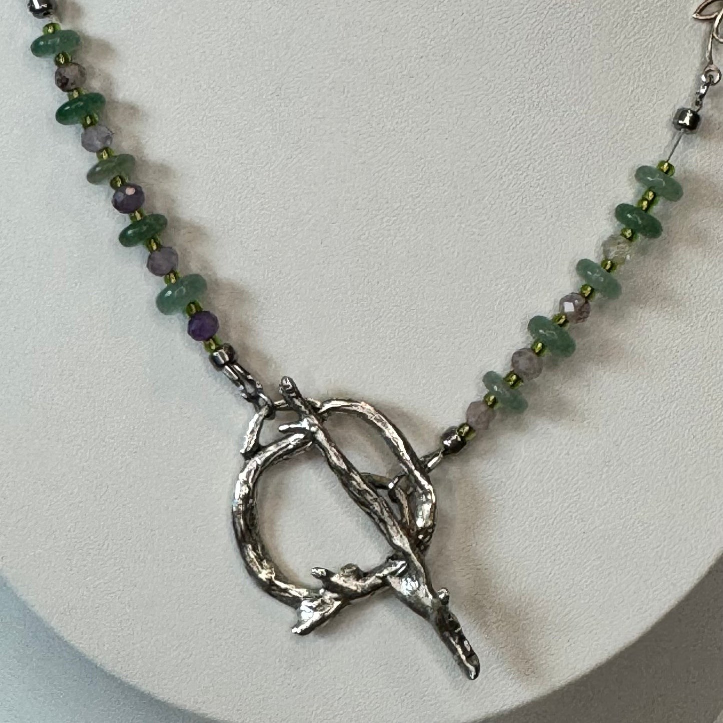 Green Aventurine Crystal Necklace Featuring Leaf Focals and a Tree Branch Closure