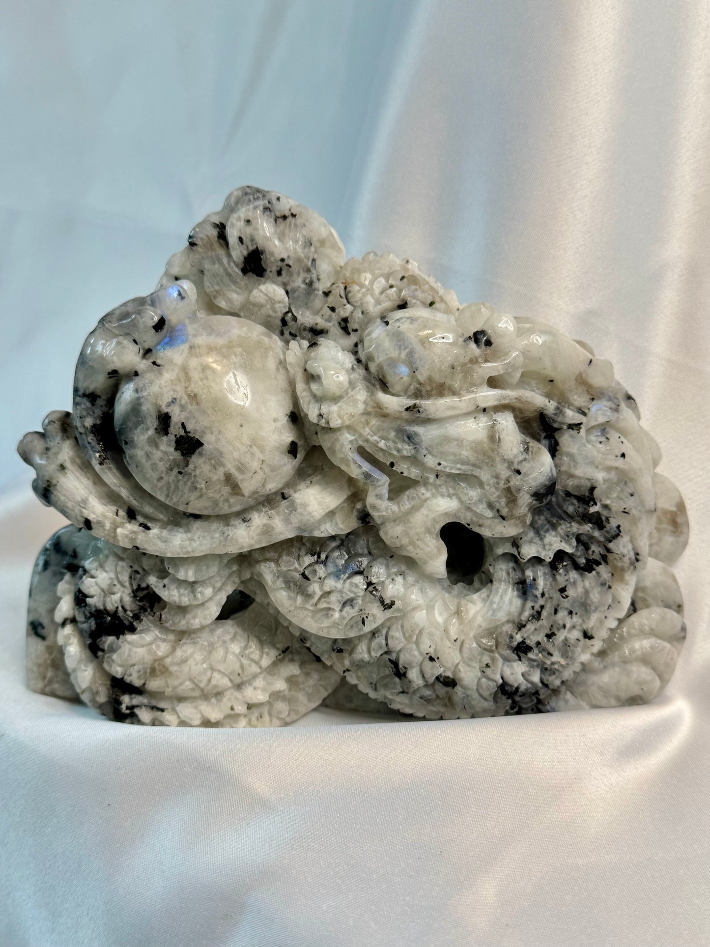 Rainbow Moonstone Hand Carved Dragon With Blue Flash