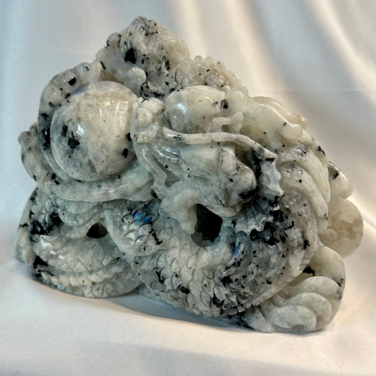 Rainbow Moonstone Hand Carved Dragon With Blue Flash