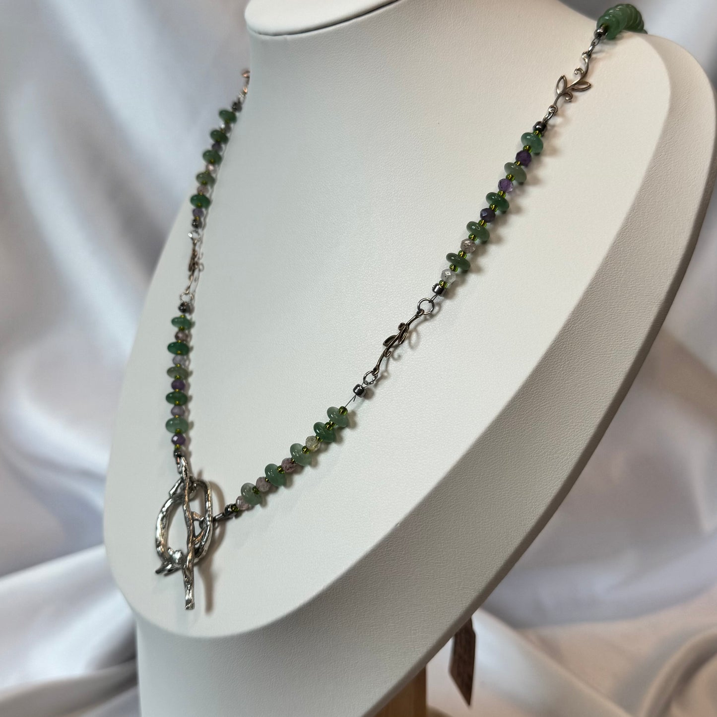 Green Aventurine Crystal Necklace Featuring Leaf Focals and a Tree Branch Closure