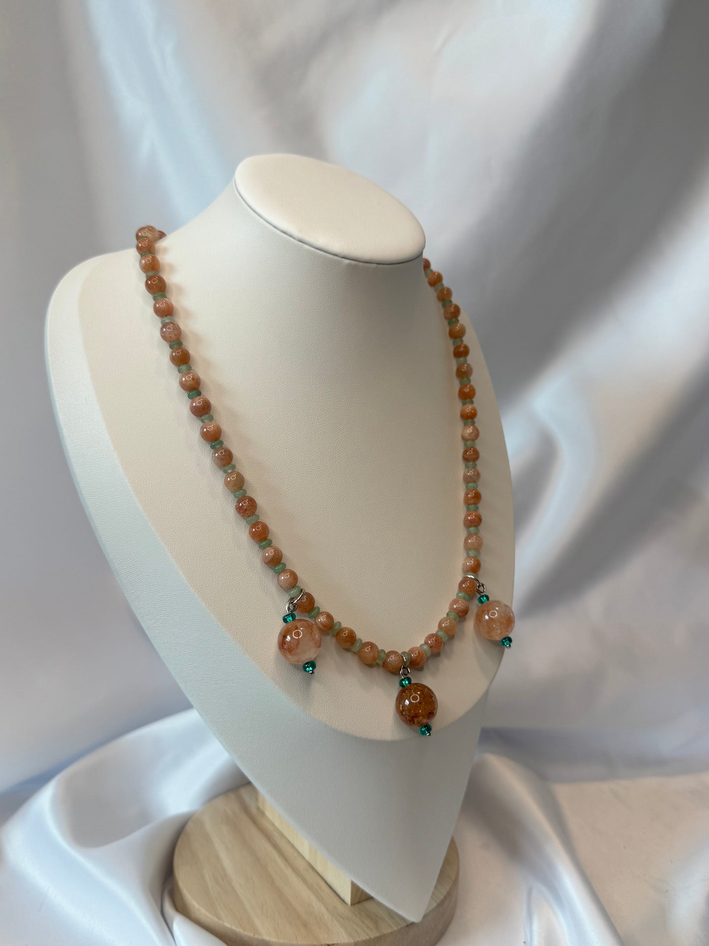 Peach Moonstone with Sunstone Flash and Green Aventurine Rutilated Quartz Necklace
