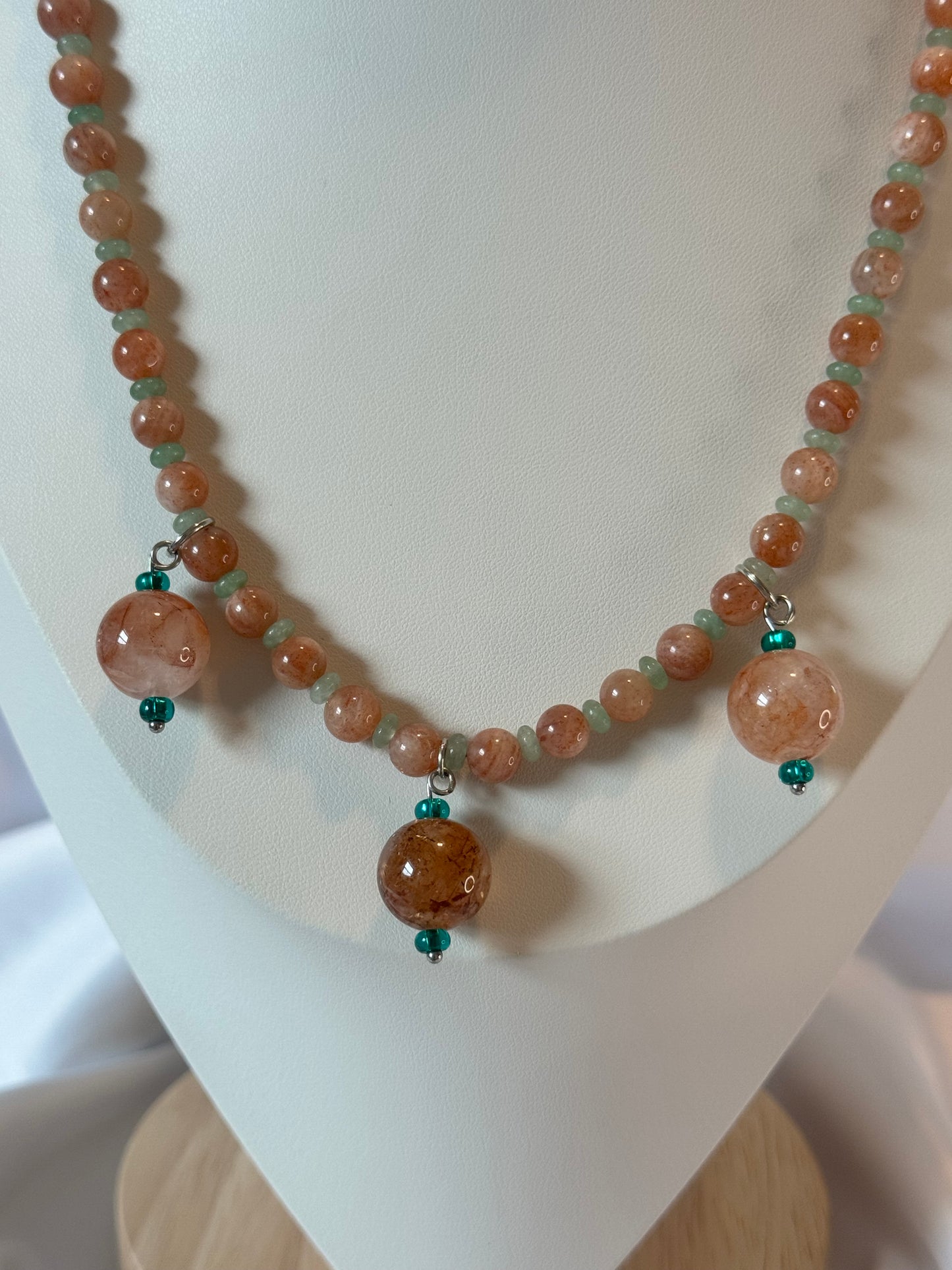 Peach Moonstone with Sunstone Flash and Green Aventurine Rutilated Quartz Necklace