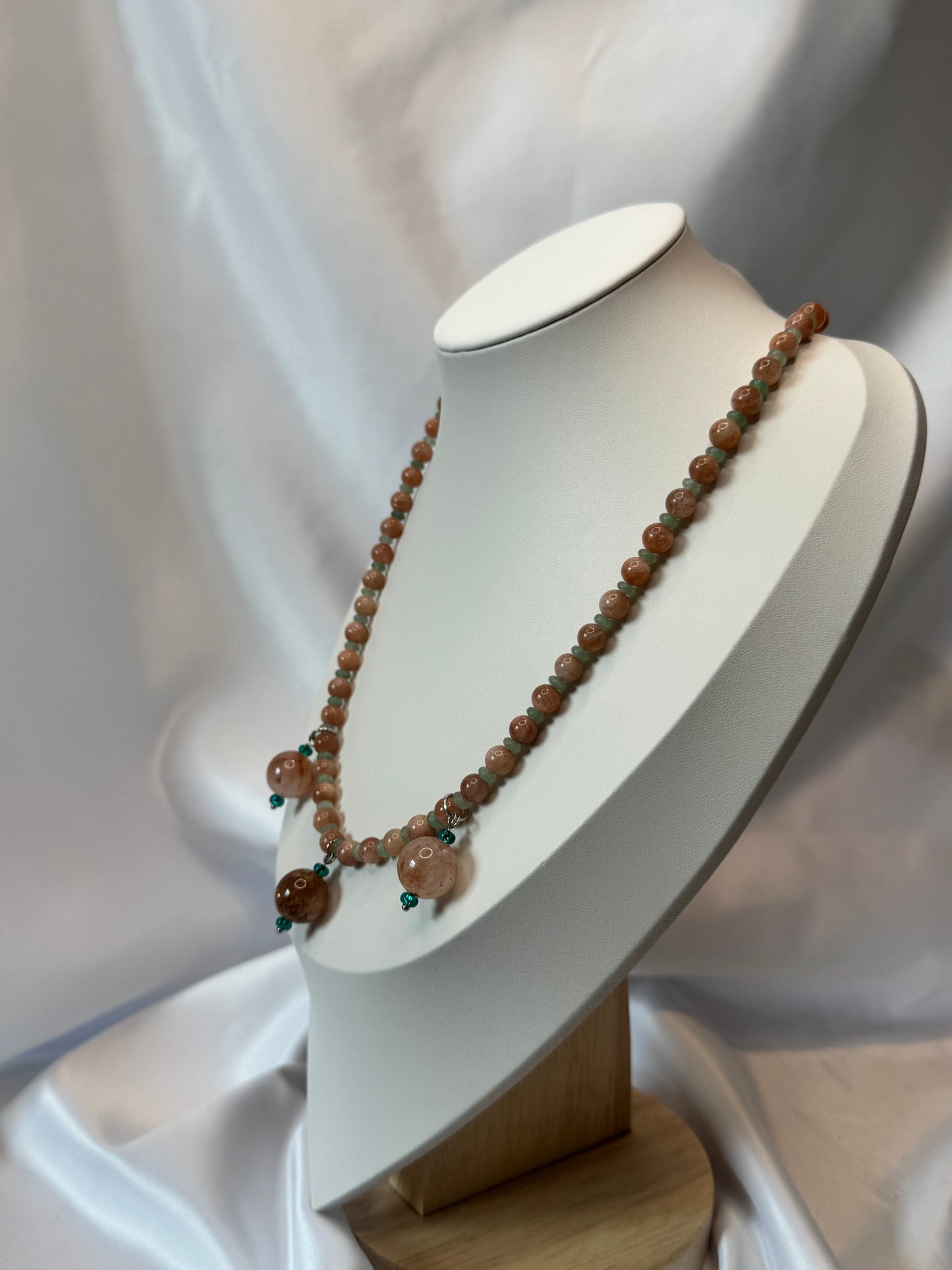 Peach Moonstone with Sunstone Flash and Green Aventurine Rutilated Quartz Necklace
