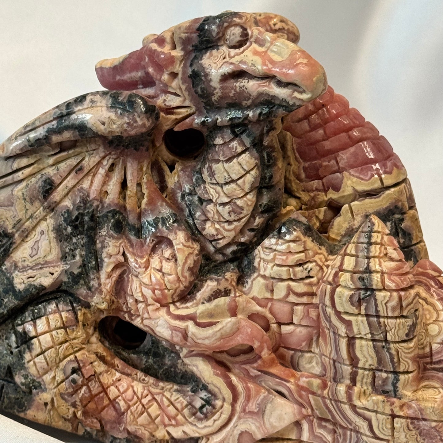 Handcarved Rhodocrosite Dragon and Castle