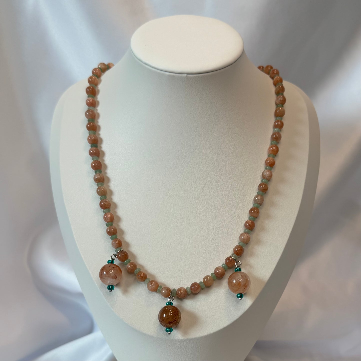 Peach Moonstone with Sunstone Flash and Green Aventurine Rutilated Quartz Necklace