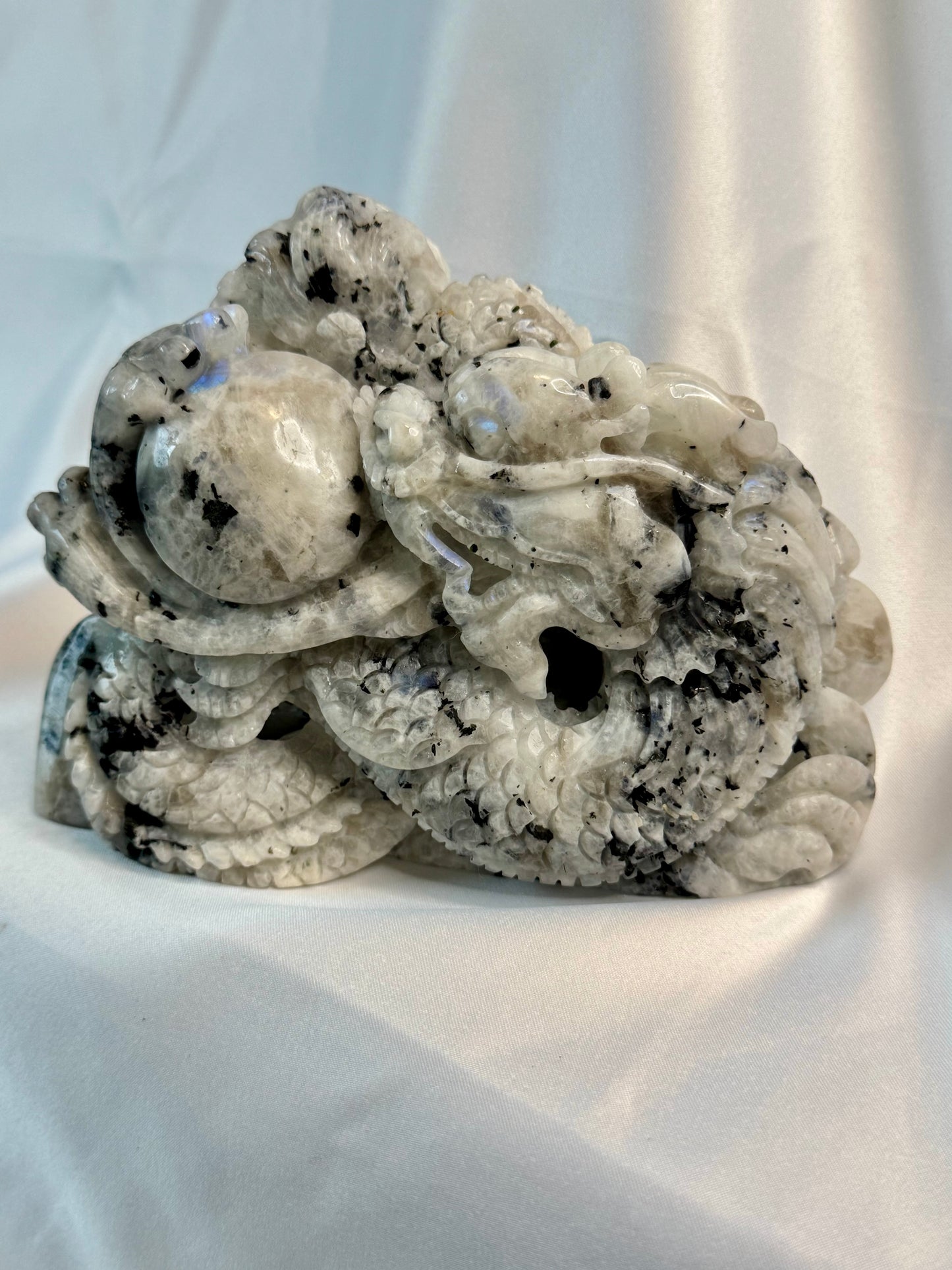 Rainbow Moonstone Hand Carved Dragon With Blue Flash