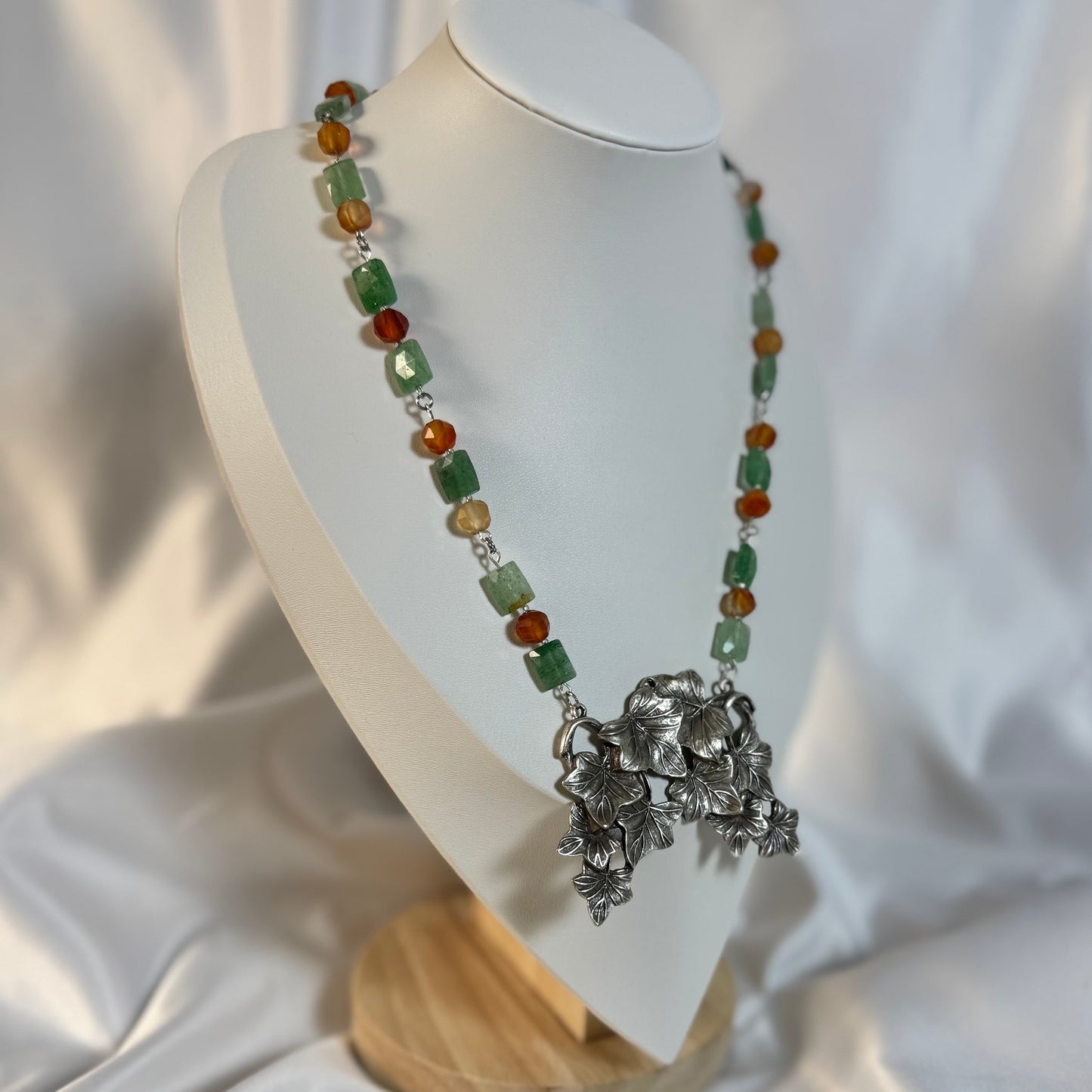 Leaf Cascade - Carnelian and Strawberry Quartz Necklace with a Overlapping Leaf Pendant | Arden Moon Design
