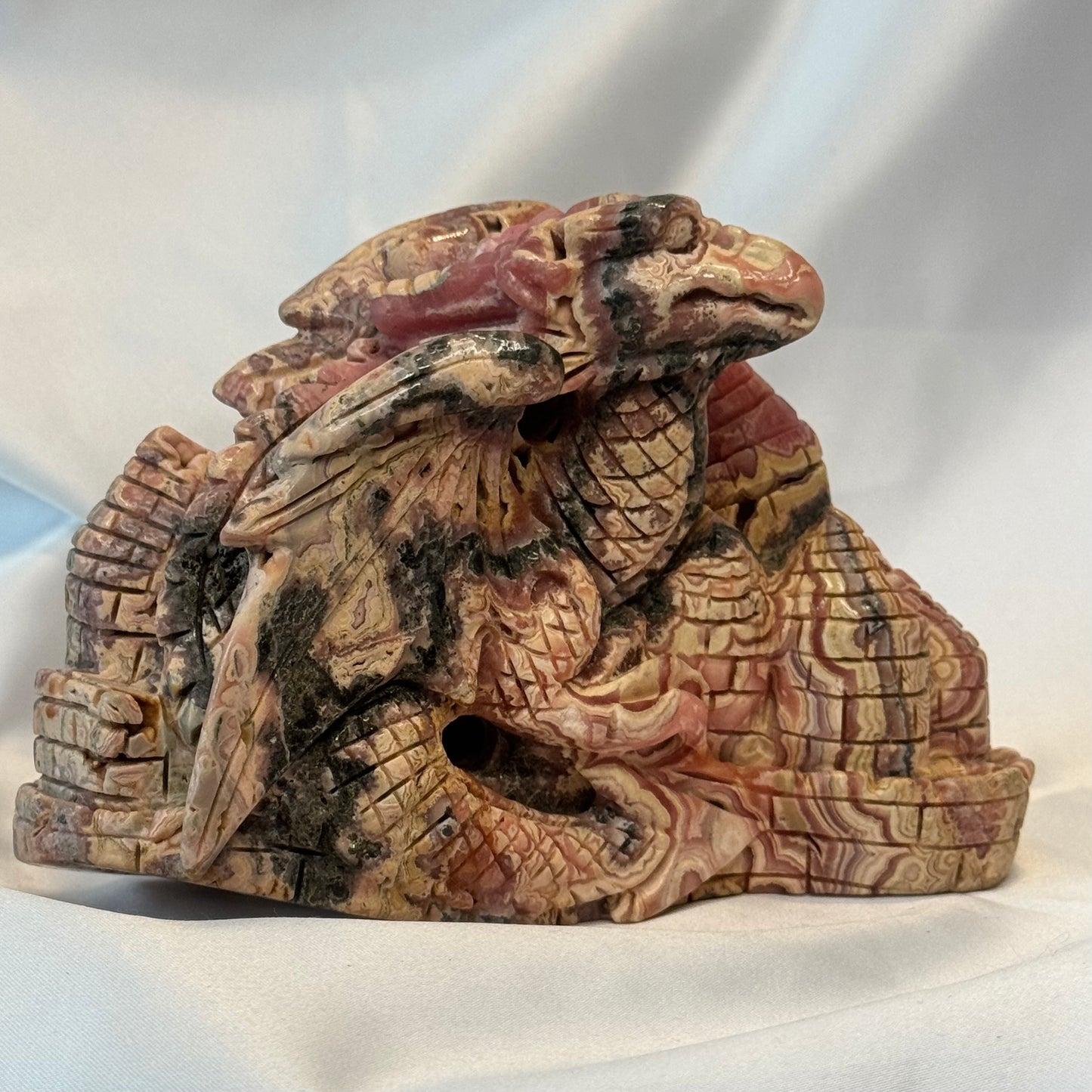 Handcarved Rhodocrosite Dragon and Castle