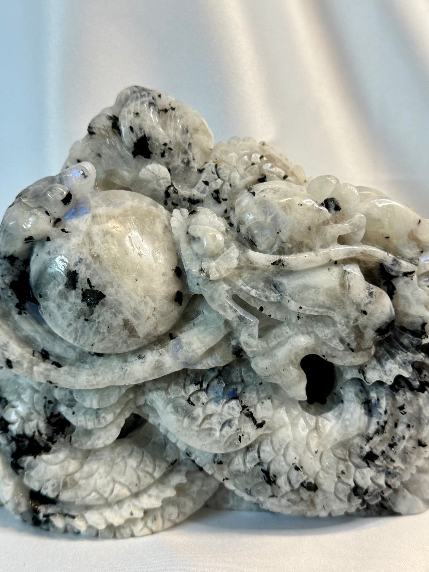 Rainbow Moonstone Hand Carved Dragon With Blue Flash