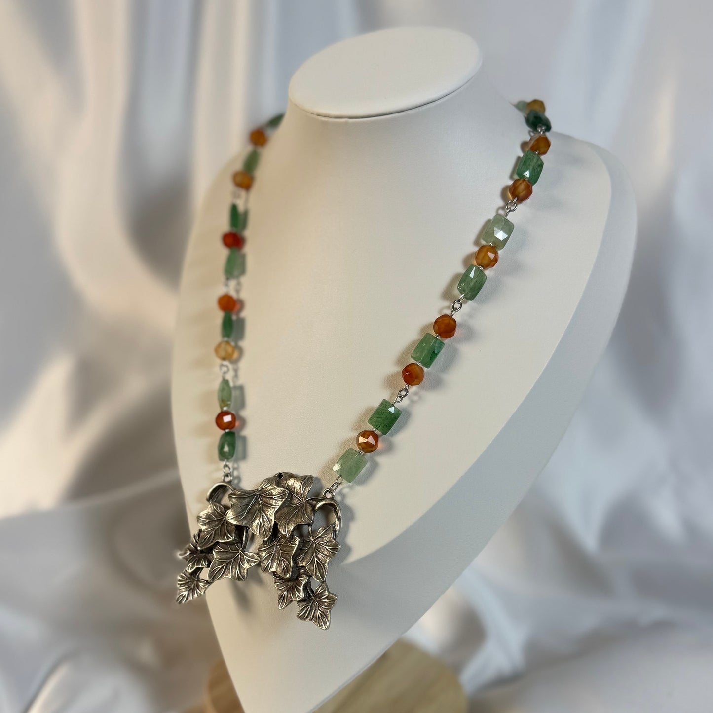 Leaf Cascade - Carnelian and Strawberry Quartz Necklace with a Overlapping Leaf Pendant | Arden Moon Design