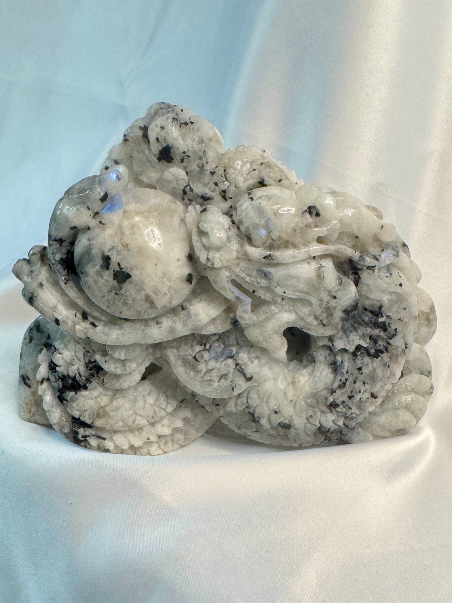 Rainbow Moonstone Hand Carved Dragon With Blue Flash