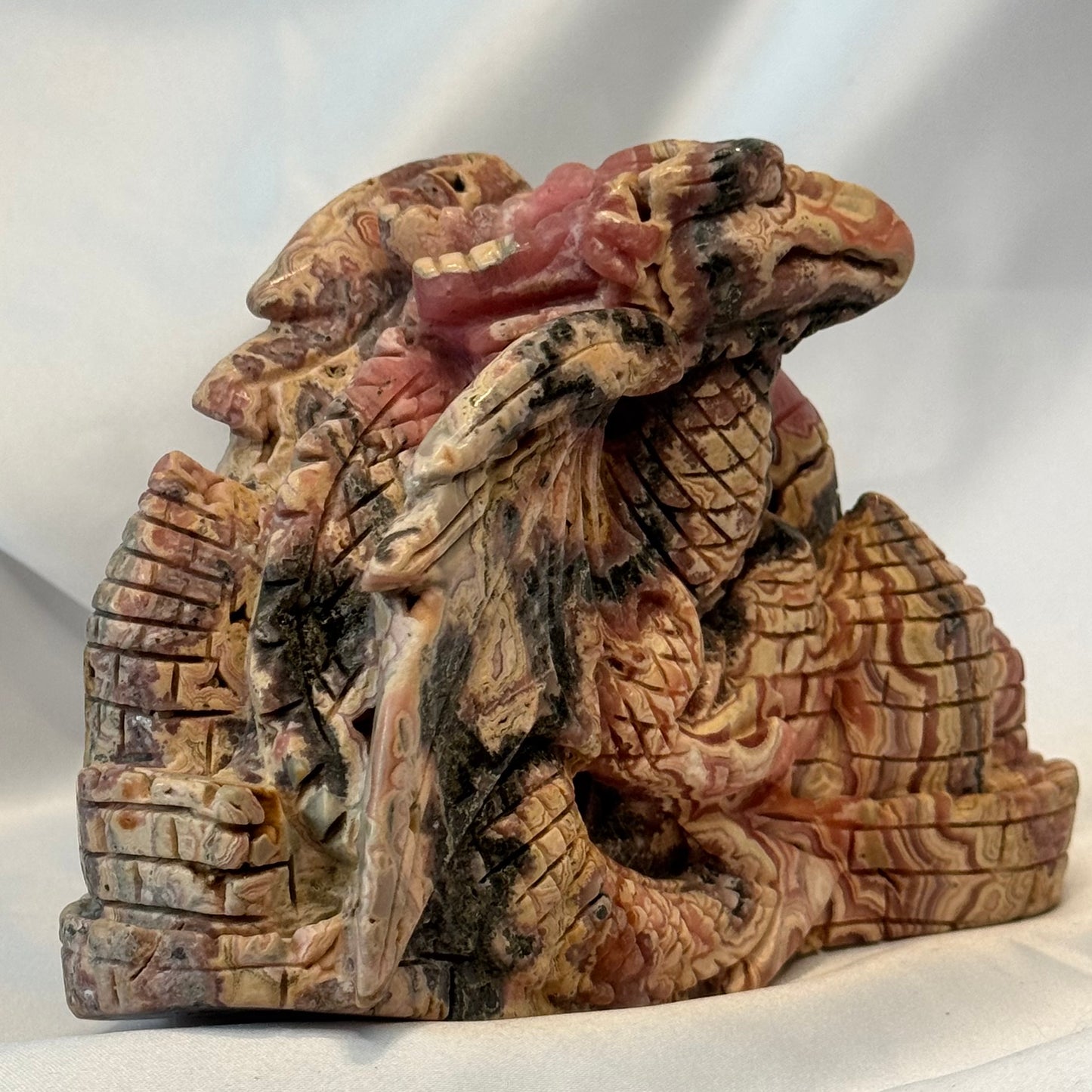 Handcarved Rhodocrosite Dragon and Castle