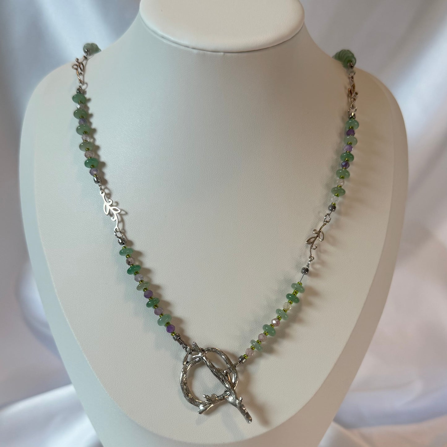 Green Aventurine Crystal Necklace Featuring Leaf Focals and a Tree Branch Closure