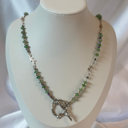 Green Aventurine Crystal Necklace Featuring Leaf Focals and a Tree Branch Closure